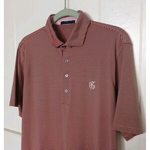Greyson Shirt Polo Golf Men's Large G Wolf Logo Coral Navy Stripe Short Sleeve
